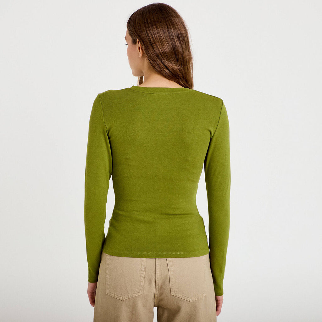T-shirt cintré col rond manches longues vert foncé femme