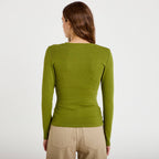 T-shirt cintré col rond manches longues vert foncé femme