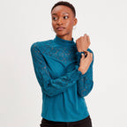 T-shirt col montant dentelle bleu canard femme