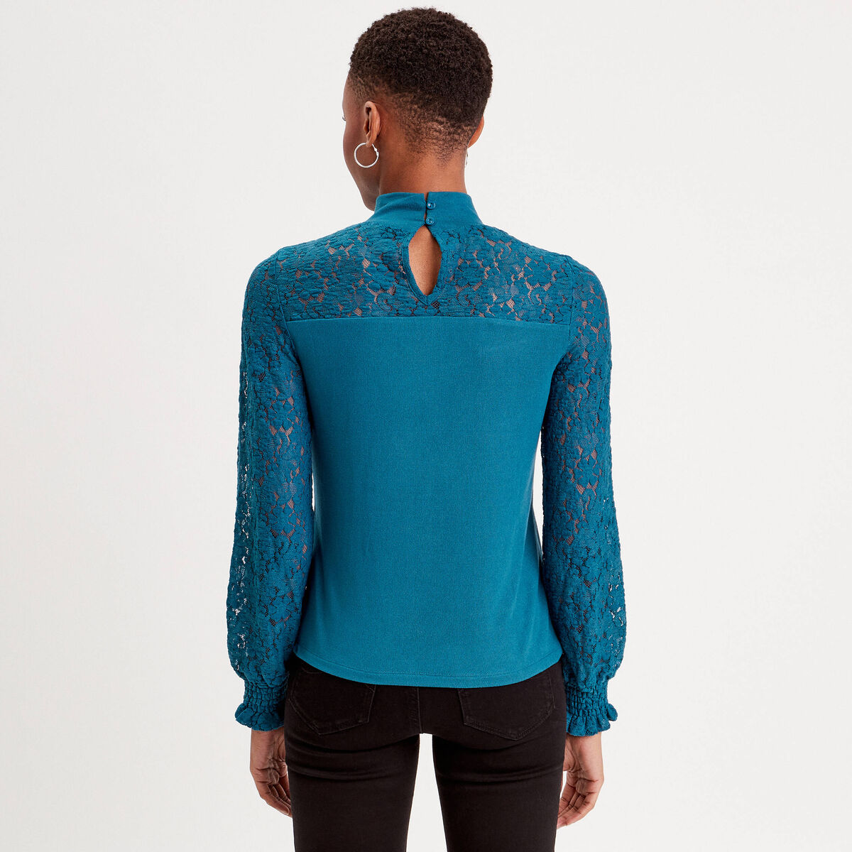 T-shirt col montant dentelle bleu canard femme
