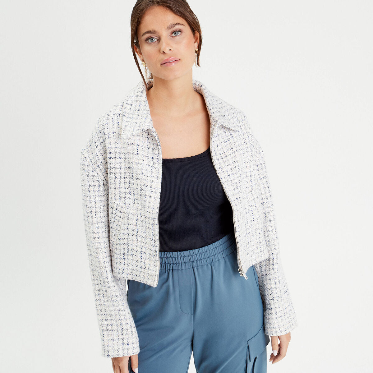 Veste courte oversize zippée blanc femme