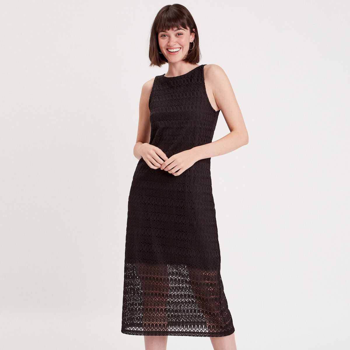 Robe longue droite ajourée noir femme