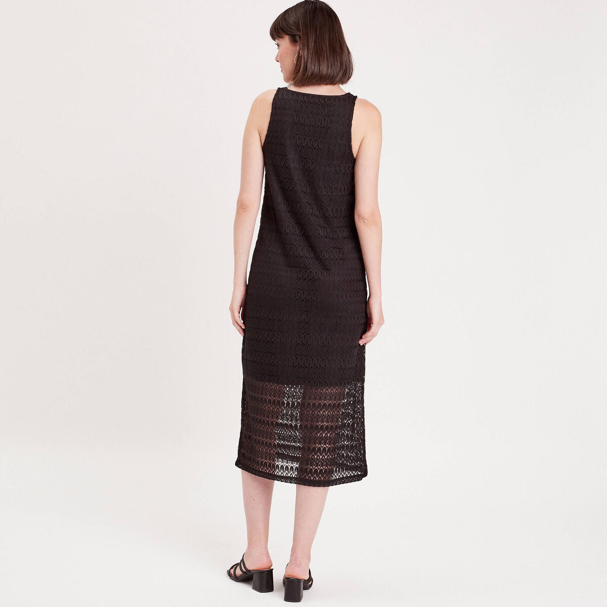 Robe longue droite ajourée noir femme