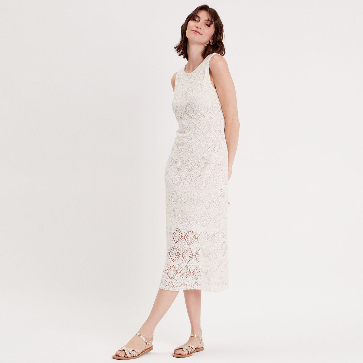 Robe midi moulante dentelle ecru femme