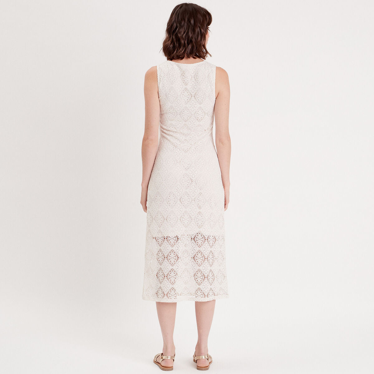 Robe midi moulante dentelle ecru femme