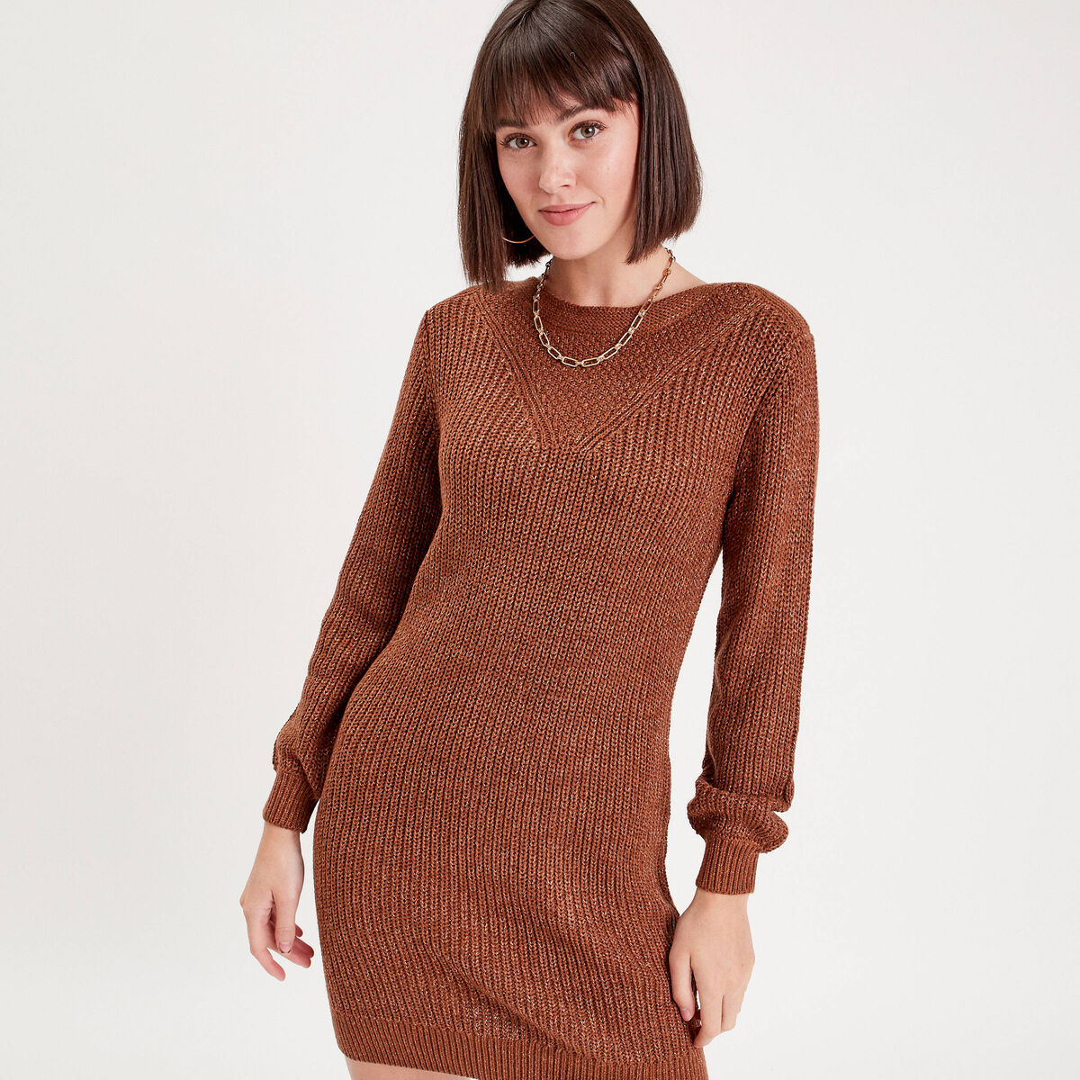 Robe pull droite col rond marron femme