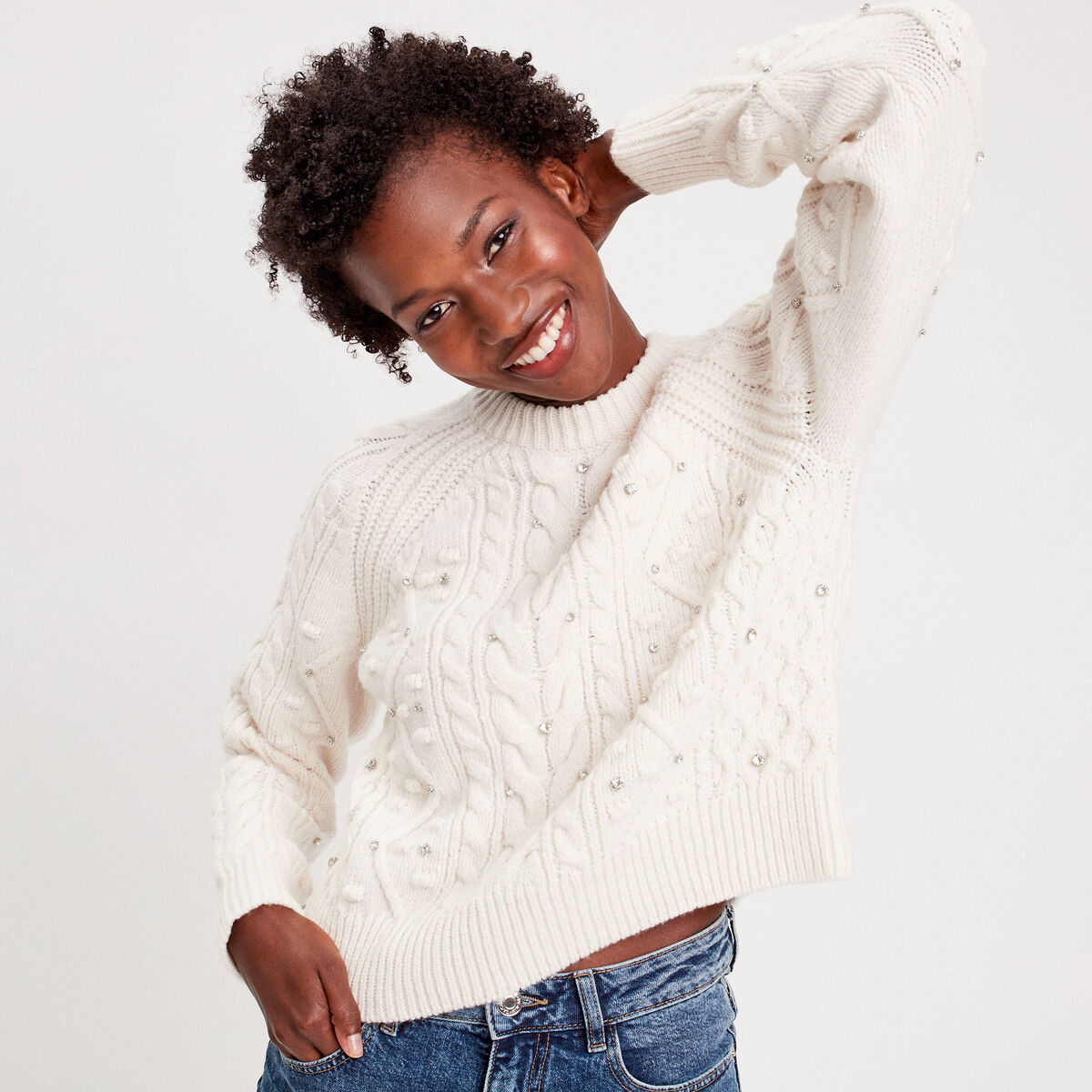 Pull détails bijoux ivoire femme