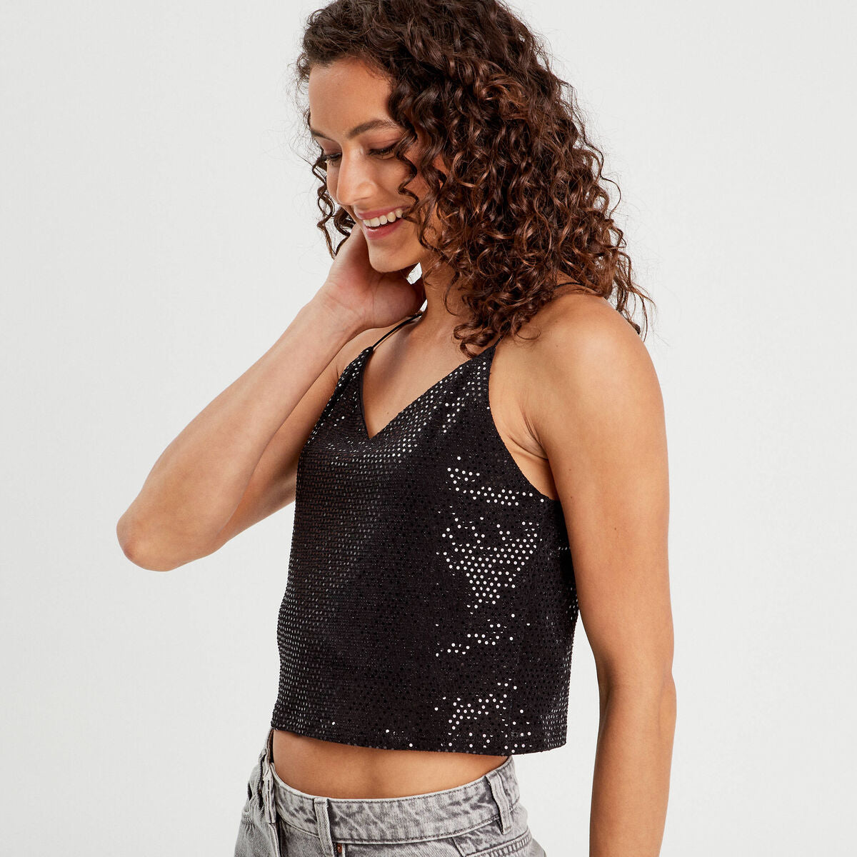 Débardeur cropped paillettes noir femme