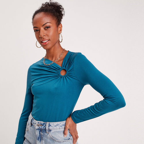 Blouse manches longues anneau bleu canard femme