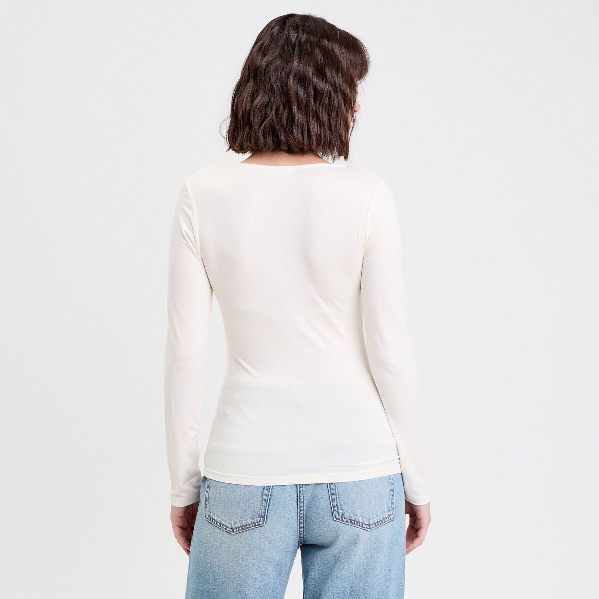 T-shirt thermique col en V plumetis ecru femme