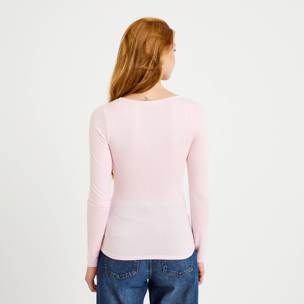 T-shirt thermique col en V plumetis rose clair femme