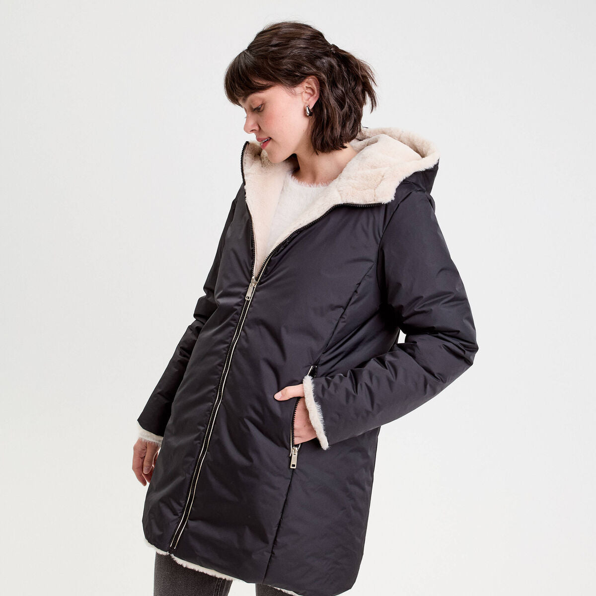 Parka réversible à capuche noir femme