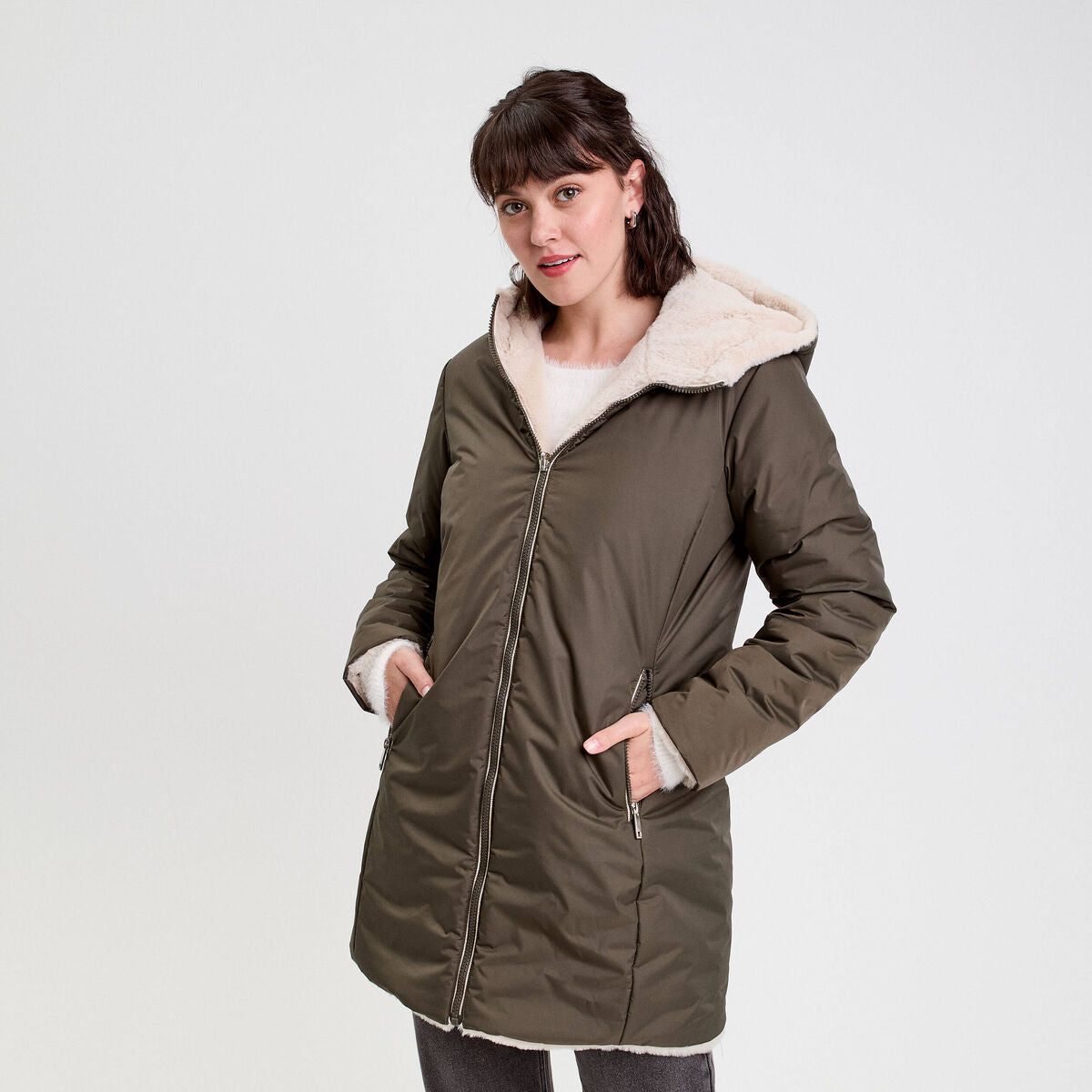 Parka réversible à capuche vert kaki femme