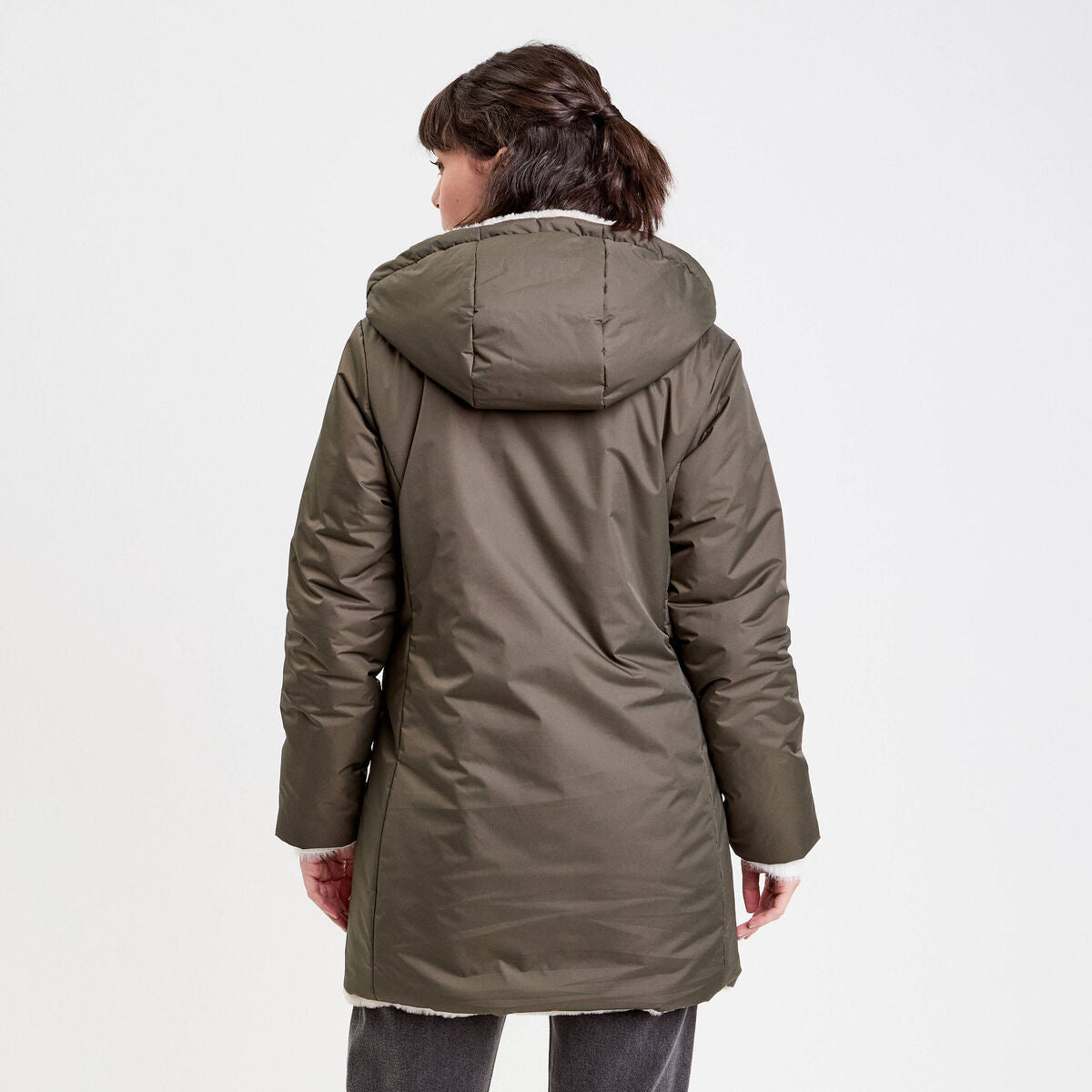 Parka réversible à capuche vert kaki femme