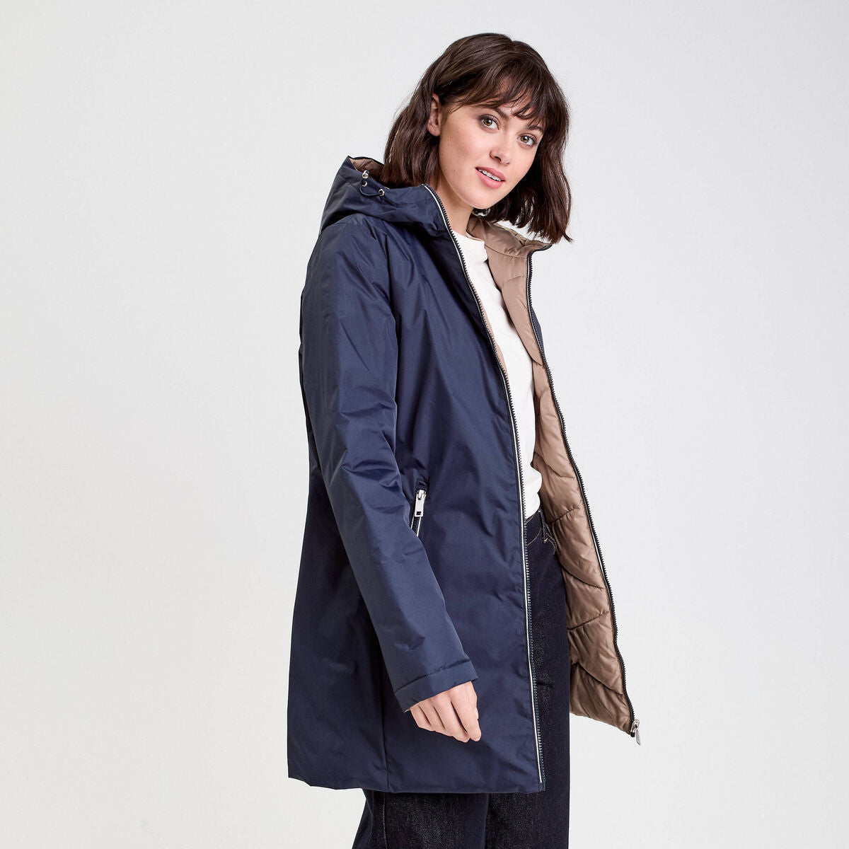 Parka à capuche réversible bleu marine femme
