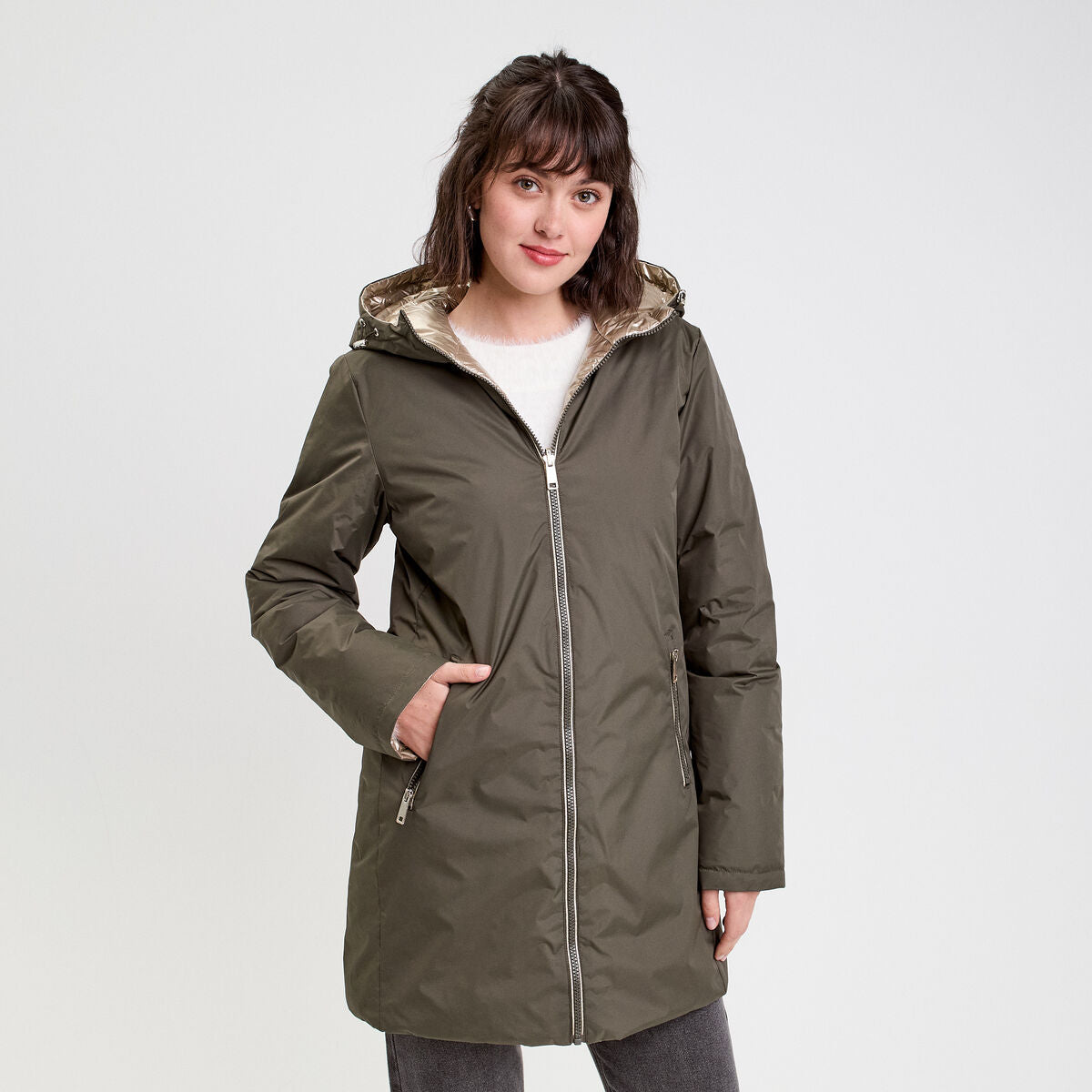 Parka à capuche réversible vert kaki femme