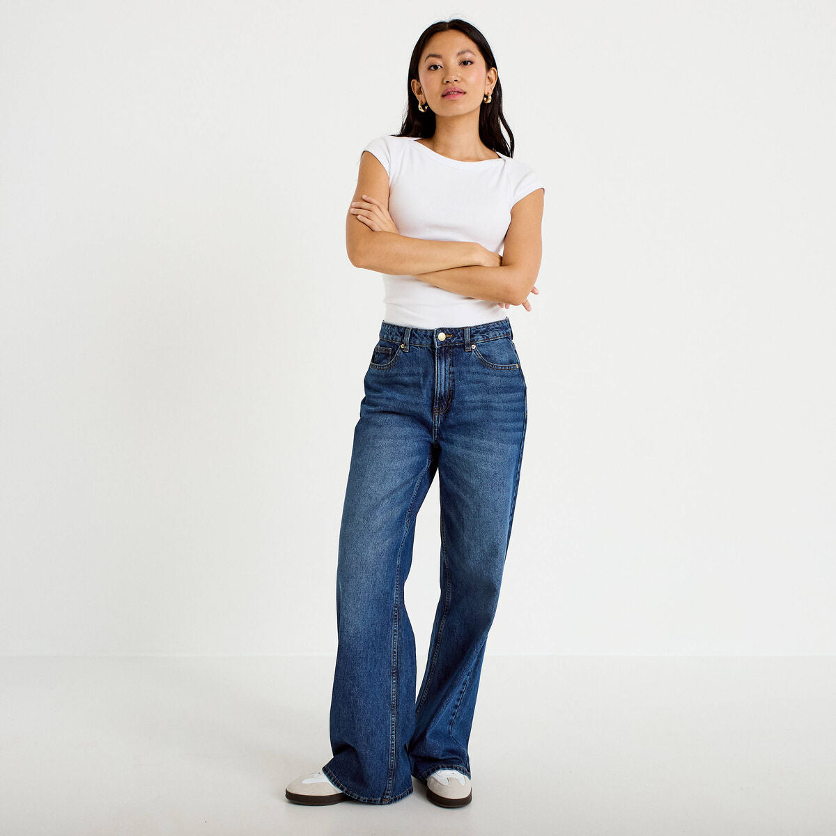 Jeans wide leg taille haute bleu foncé femme