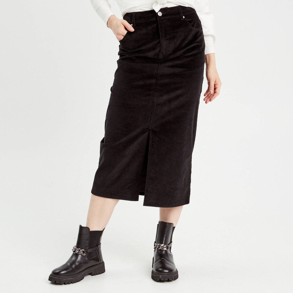 Jupe midi droite velours noir femme