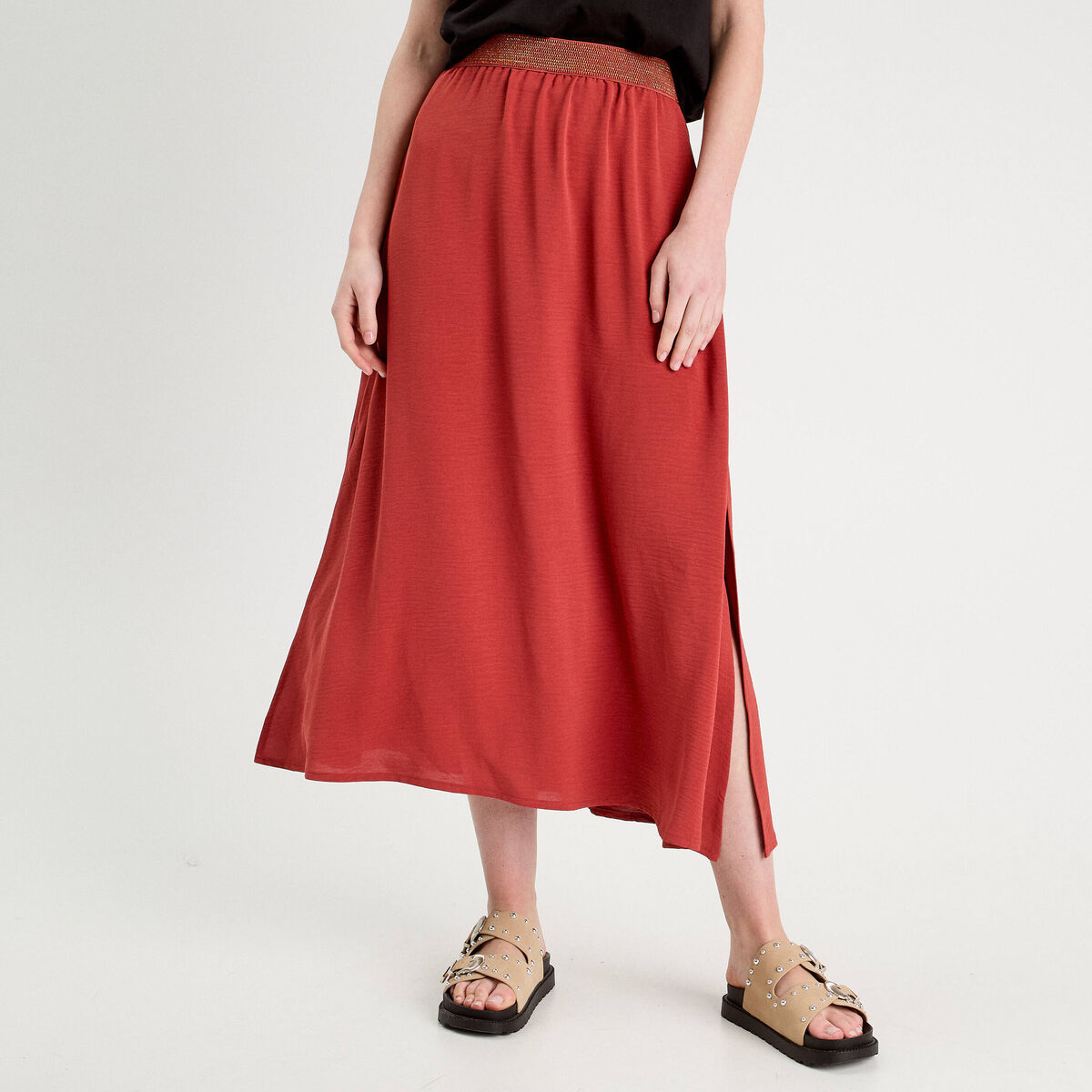 Jupe longue évasée fluide vieux rose femme