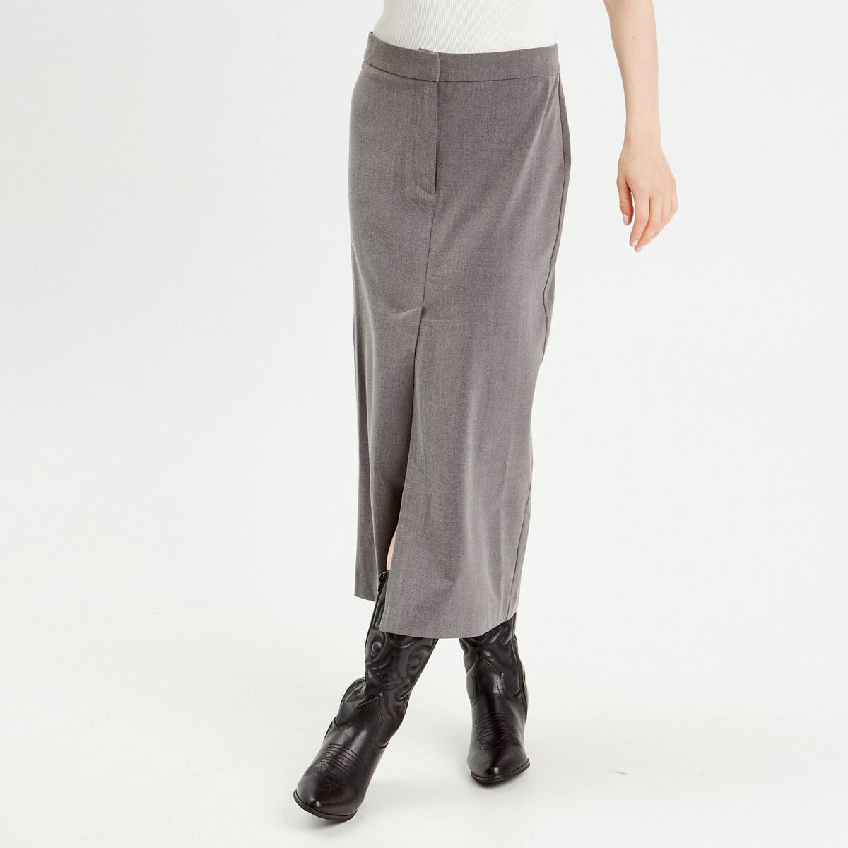 Jupe midi droite fendue gris foncé femme