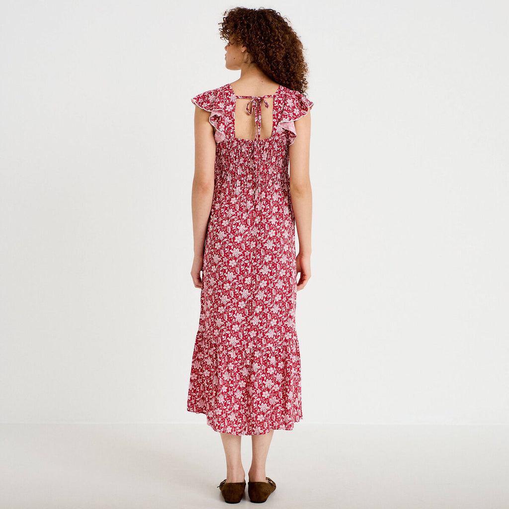Robe longue évasée smockée rouge femme