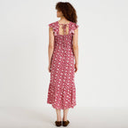 Robe longue évasée smockée rouge femme