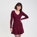 Robe tricot patineuse côtelée bordeaux femme