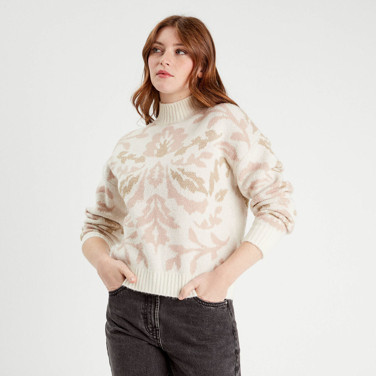 Pull col montant ecru femme