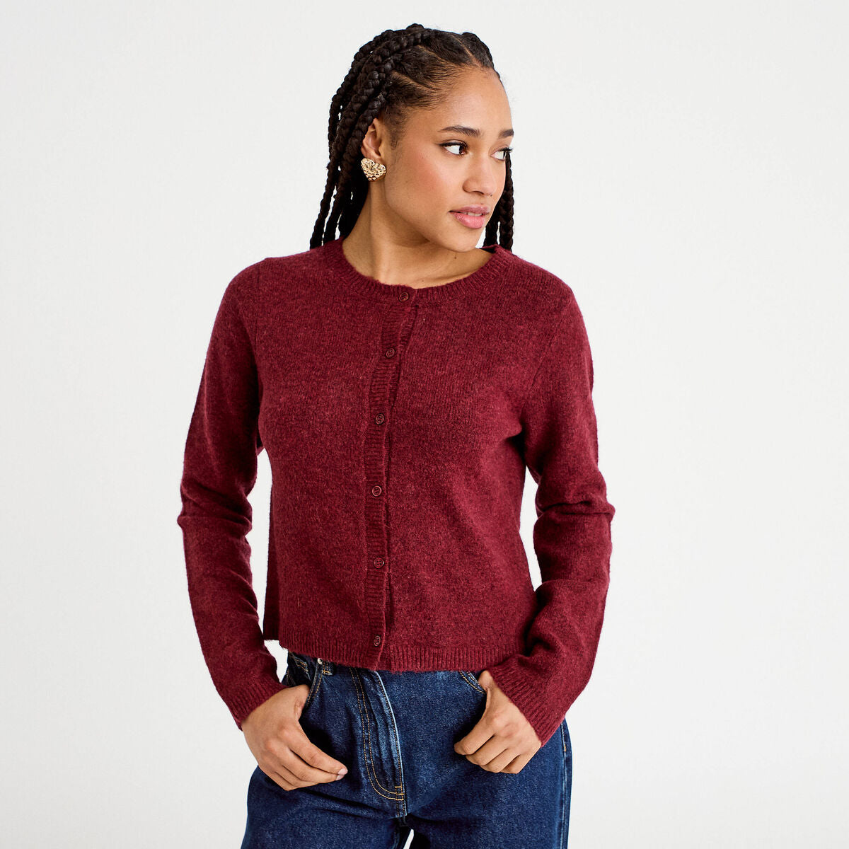 Gilet boutonné manches longues rouge foncé femme