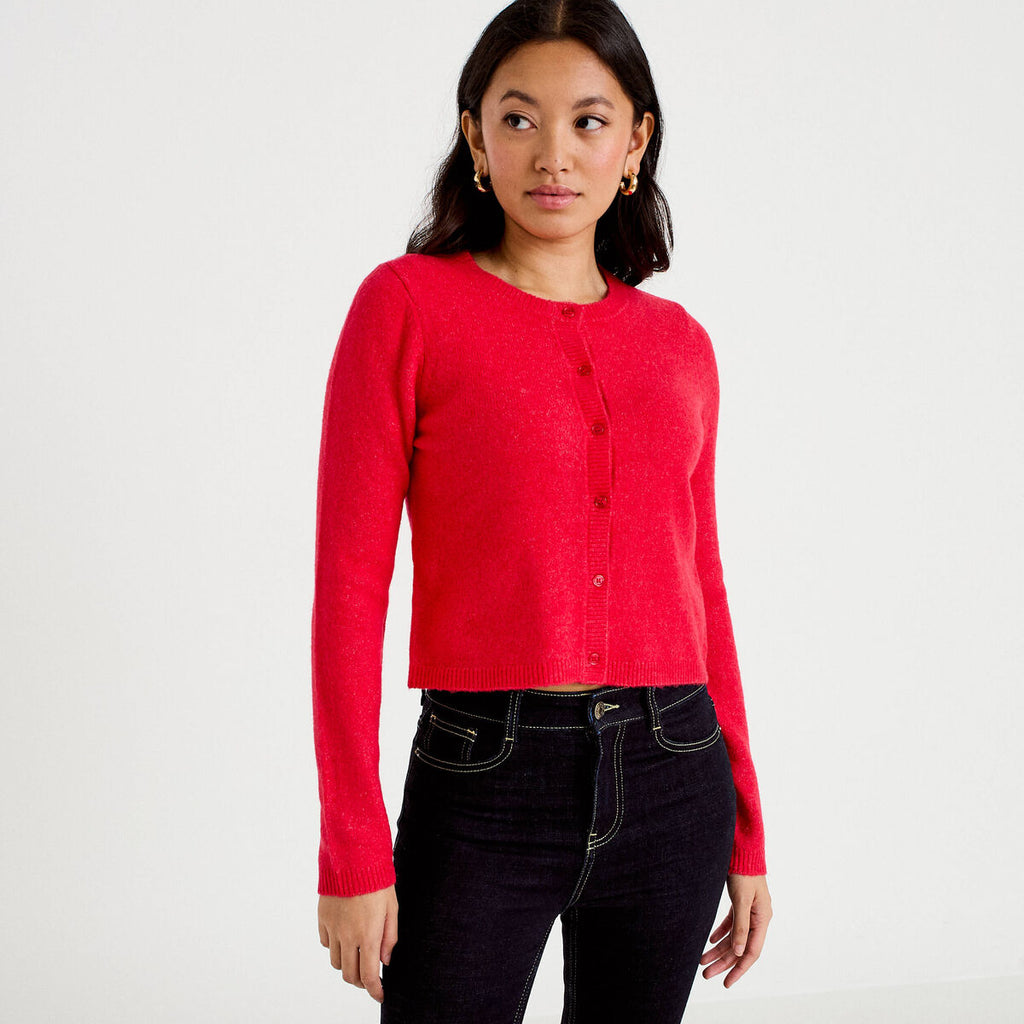 Gilet boutonné manches longues rouge femme