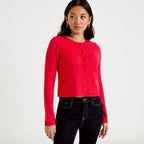 Gilet boutonné manches longues rouge femme