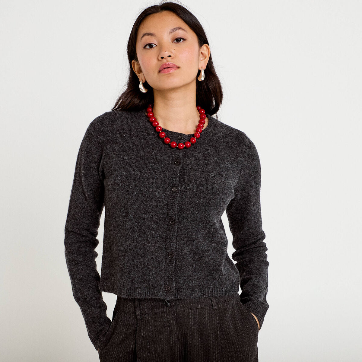 Gilet boutonné manches longues gris foncé femme