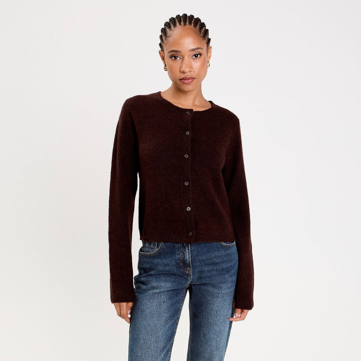 Gilet boutonné manches longues marron foncé femme
