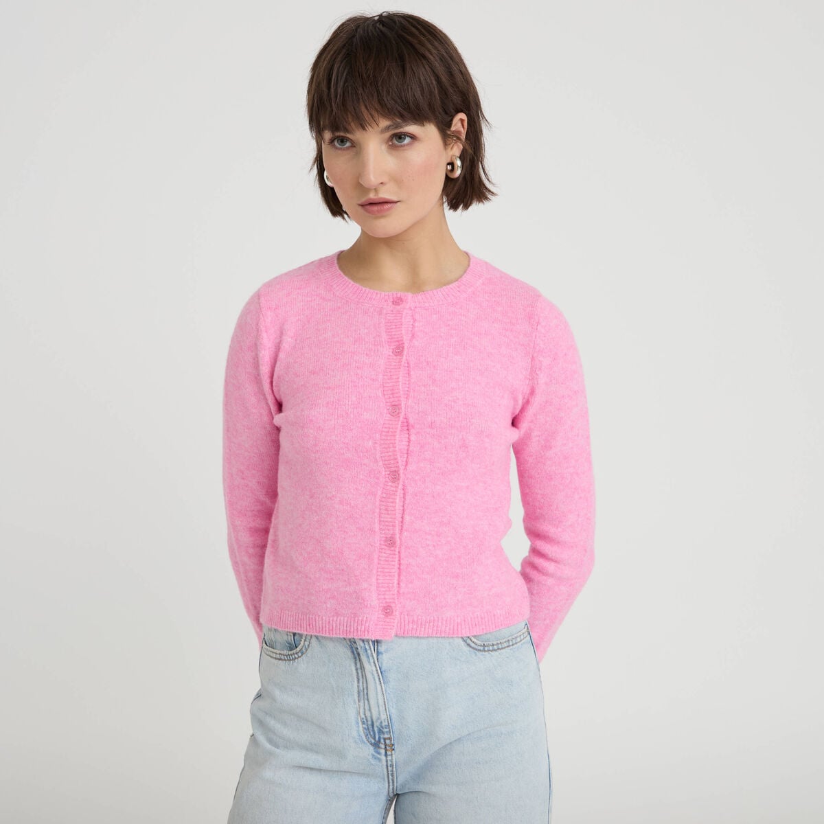 Gilet boutonné manches longues rose femme