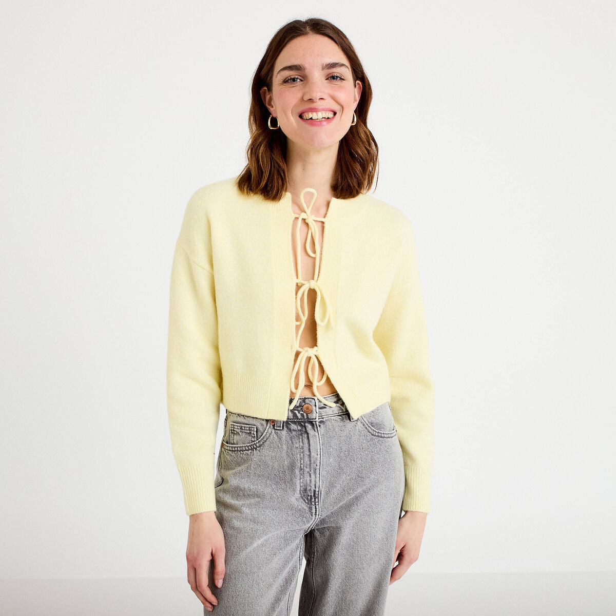 Gilet court noué jaune clair femme