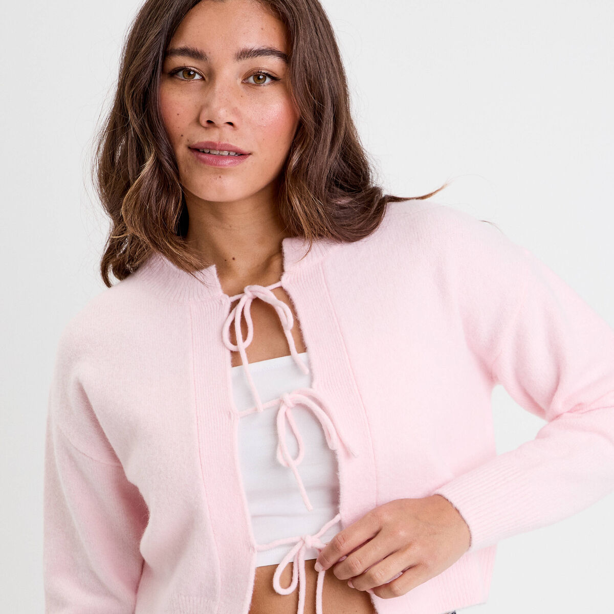 Gilet court noué rose clair femme