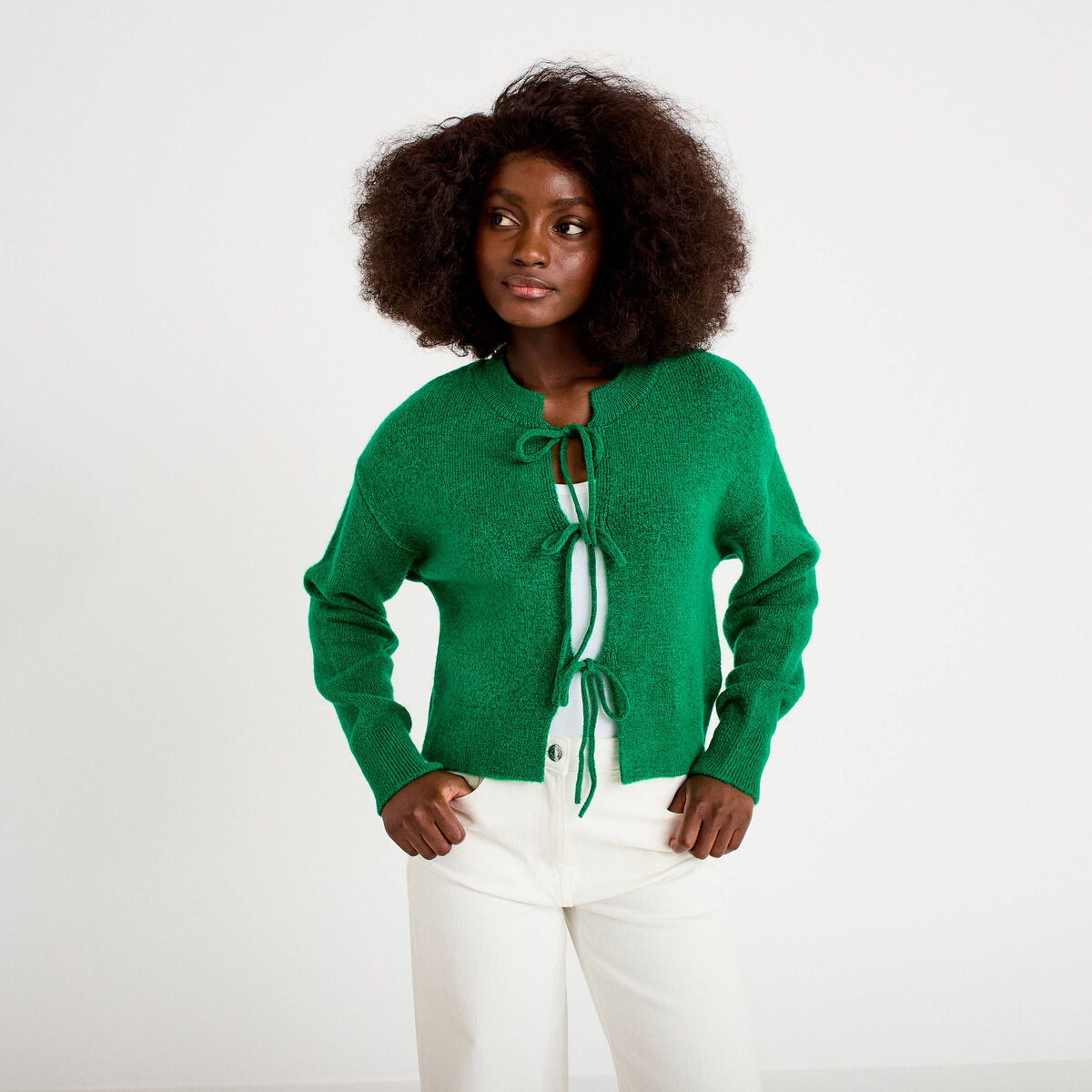 Gilet court noué vert foncé femme