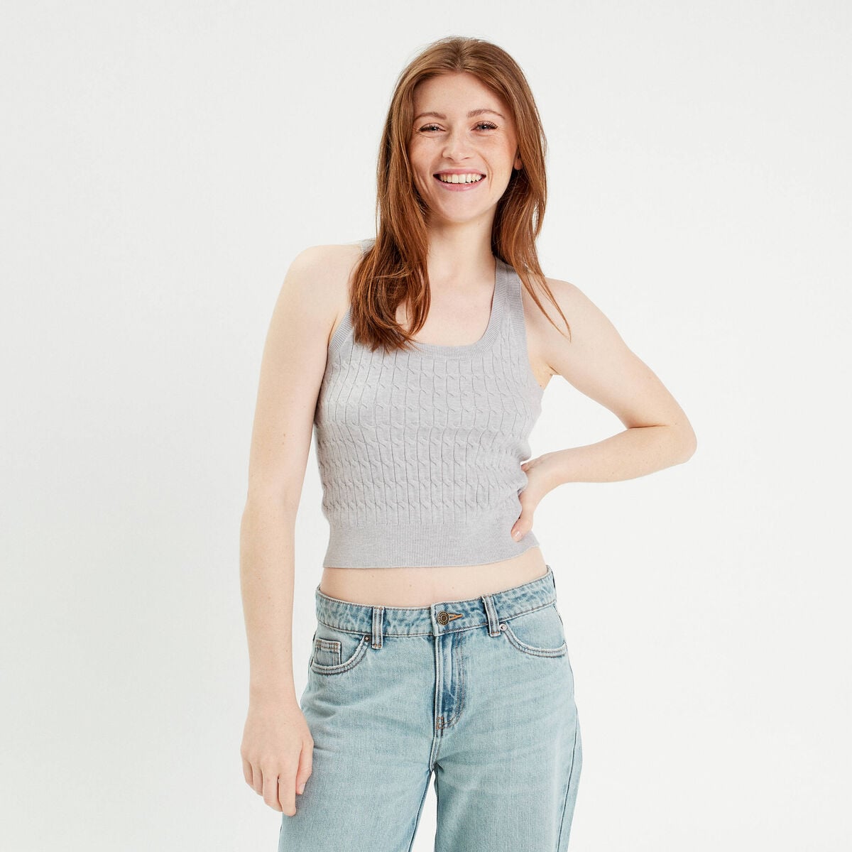 Débardeur tricot torsades gris clair femme