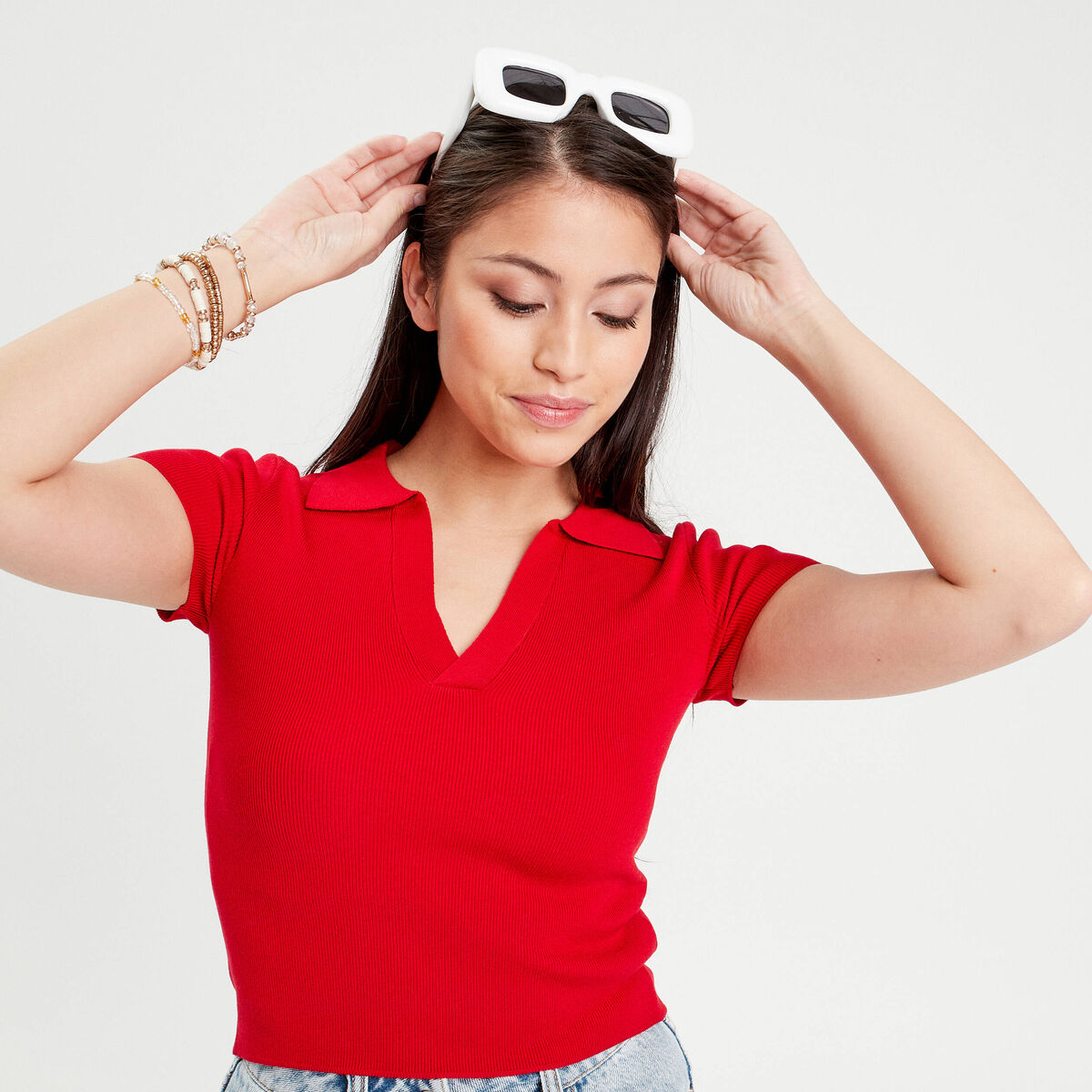 T-shirt manches courtes col polo rouge femme