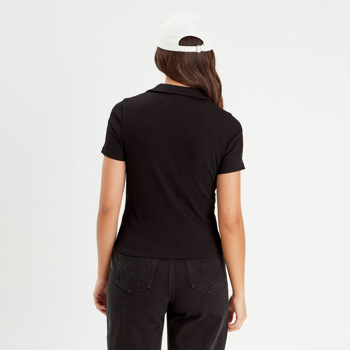 Polo manches courtes côtelé noir femme