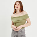 T-shirt manches courtes côtelé vert kaki femme
