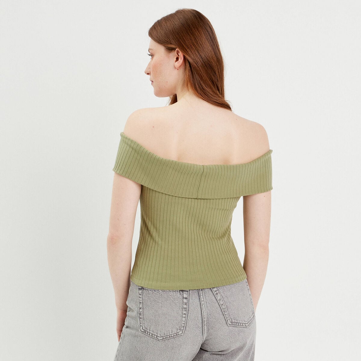 T-shirt manches courtes côtelé vert kaki femme