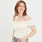 T-shirt manches courtes côtelé ecru femme