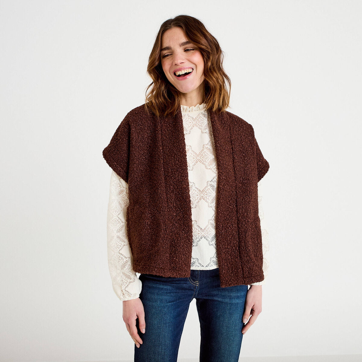 Gilet polaire manches courtes marron foncé femme