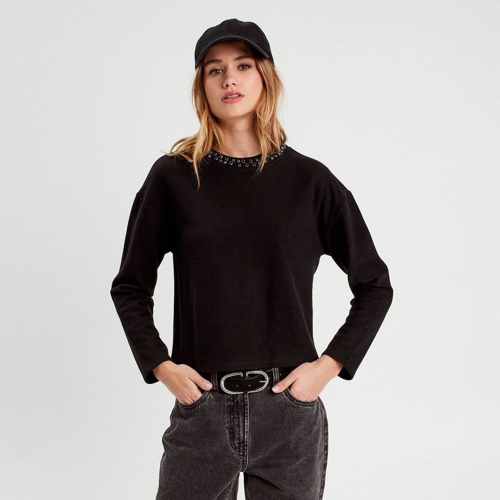 T-shirt col détails bijoux noir femme