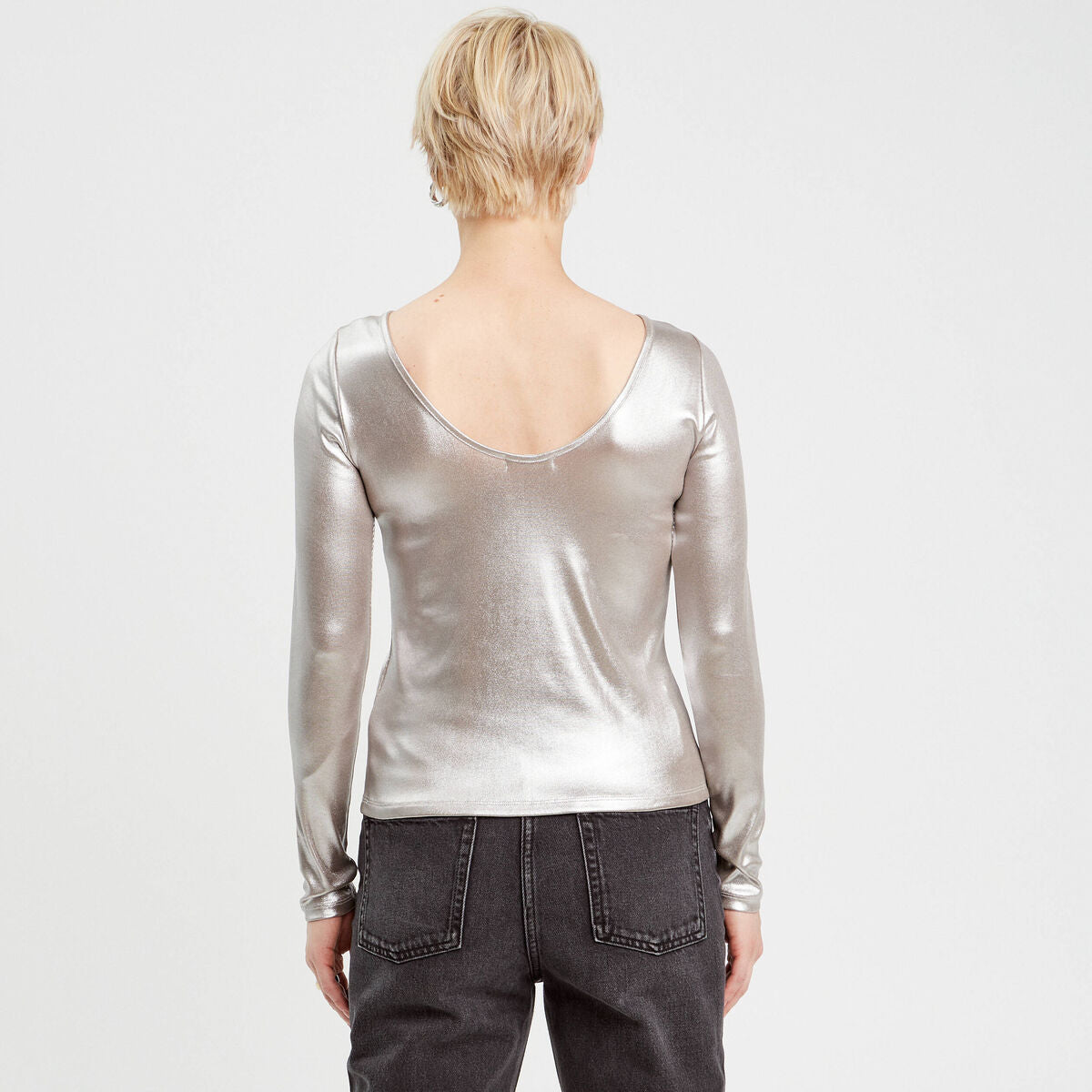 T-shirt aspect métallisé gris argent femme