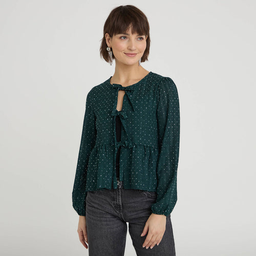 Blouse nouée strass vert foncé femme