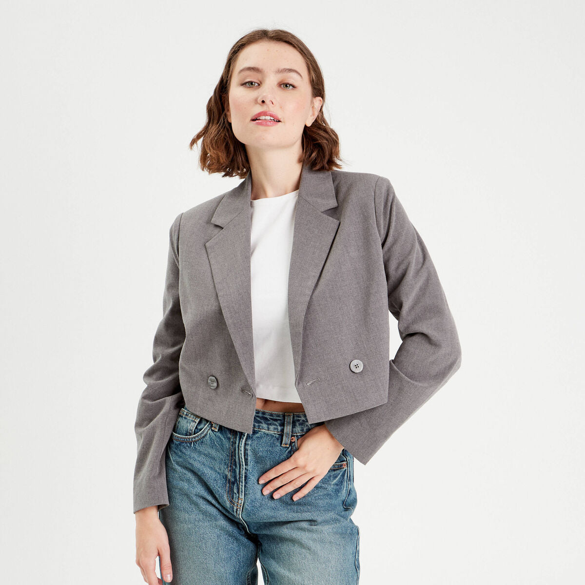 Veste blazer droite courte gris foncé femme