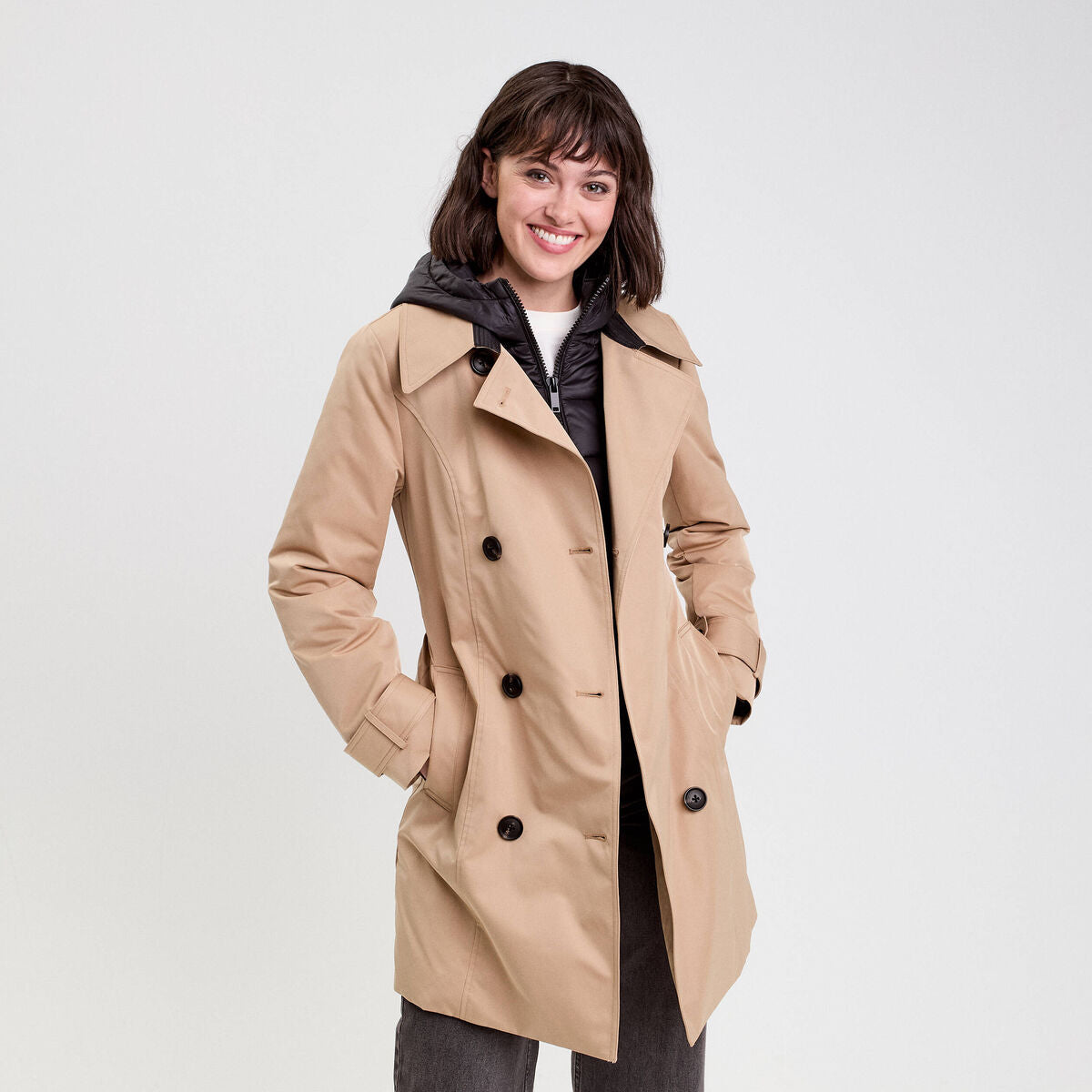 Trench ceinturé avec capuche camel femme