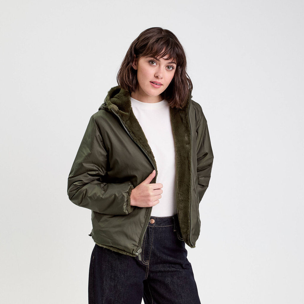 Parka réversible à capuche vert kaki femme
